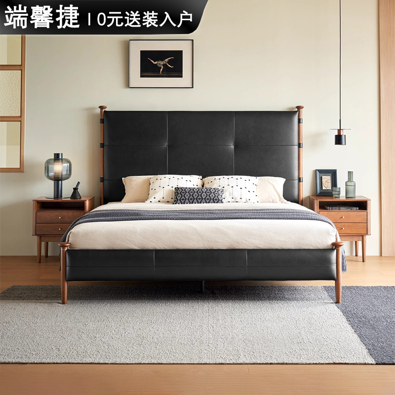 Cama de sicomoro cama de cuero cama principal retro francés primera capa de cuero de vaca madera maciza de lujo ligero cama doble de 1,8*2 m cama de madera maciza