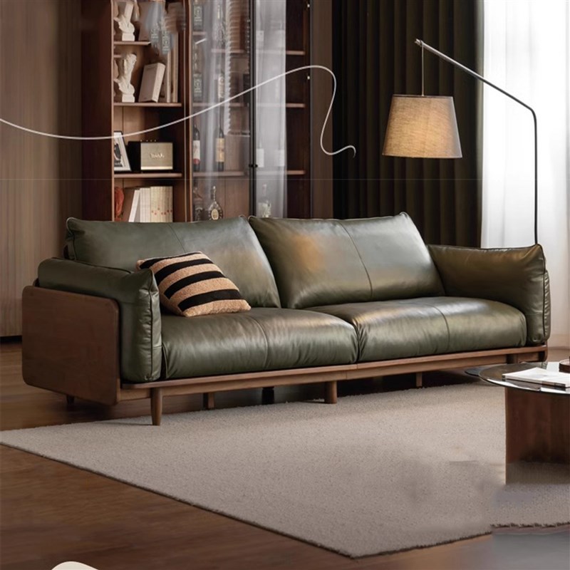 Bean Bag Sofa American Retro Oil Wax Living Room Mid-Century Style Three-Seater Small Apartment Top Layer Cowhide Oil Wax Leather