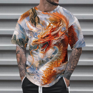 2024 New Year of the Dragon 3D Printed T-shirt Chinese Traditional Dragon Animation Pattern Imitation Cotton Round Neck Short Sleeve Spring and Summer Men's T-shirt