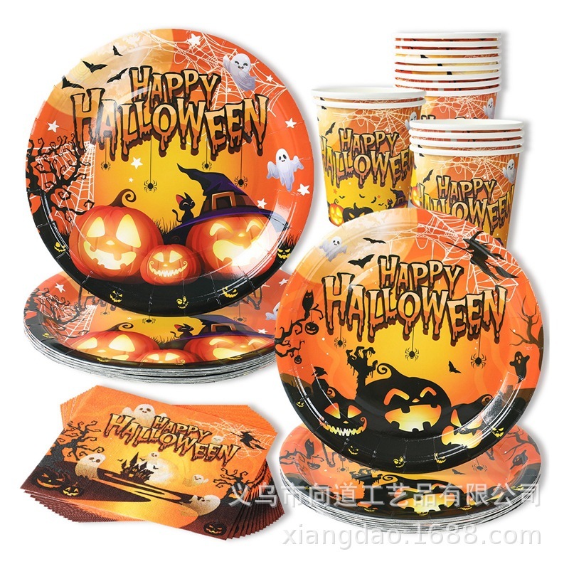 New Halloween Party Tableware suit Halloween Holiday Party Pumpkin Decorative Paper Plate Tissue Paper Cup New Halloween Party Tableware suit Halloween Holiday Party Pumpkin Decorative Paper Plate Tissue Paper Cup