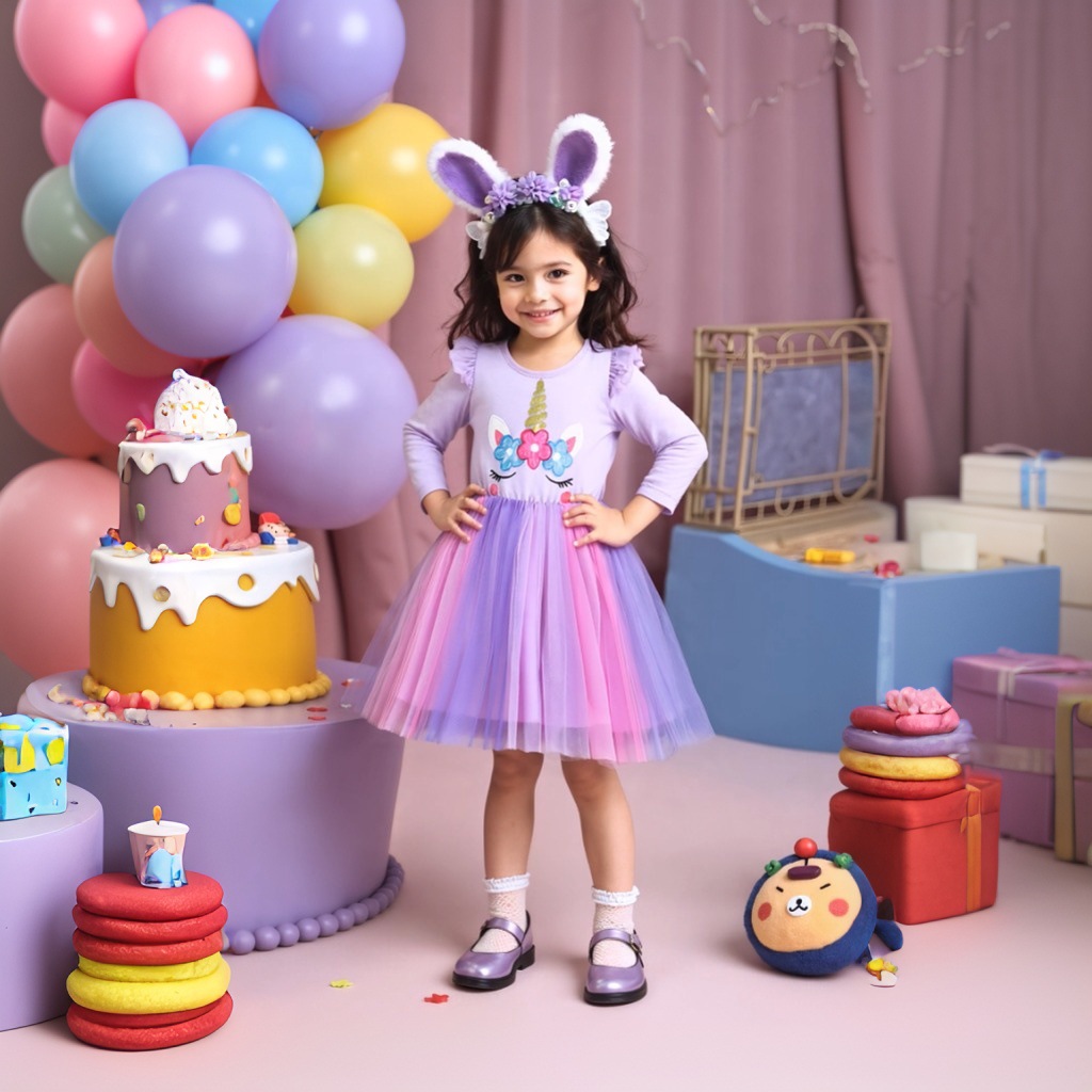 2024 nuevo vestido de unicornio para niñas vestido de Niños de mediana edad para niñas vestido de Navidad de otoño vestido de princesa de malla de dibujos animados para niños