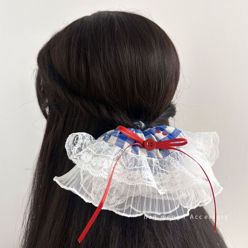 ネイビーブルーのチェック柄、赤いエッジ、白いレースのヘアゴム、多用途で新鮮な気質の女の子のヘアゴム、ヘアアクセサリー|undefined