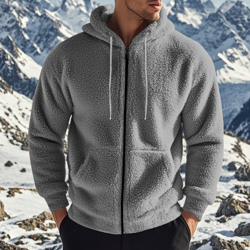 Europa y Estados Unidos trajes de hombre transfronterizos otoño y invierno engrosados cálidos chaqueta de vello de doble cara con cremallera suelta cardigan casual con sombrero