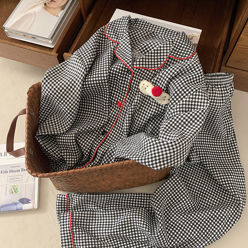 情侣睡衣女款春秋季韩系ins格子开衫长袖宽松男士大码家居服套装|undefined
