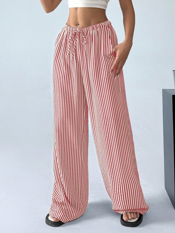 Amazon ebay AliExpress ヨーロッパとアメリカの女性のストライプワイドレッグパンツルーズハイウエスト調節可能な巾着カジュアルパンツ|undefined