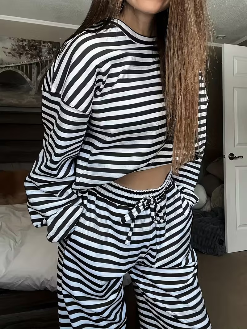 Spring Striped Casual Two-Piece Set: Long-Sleeved Top and High-Waisted Pants