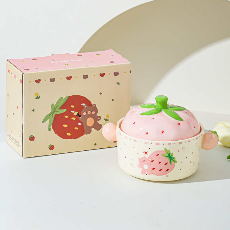 Cartoon Strawberry adorable tazón de fideos de chicas bolos de fideos caseros bolos de cerámica de doble oreja con cubierta cubierta de platos de regalo set de platos