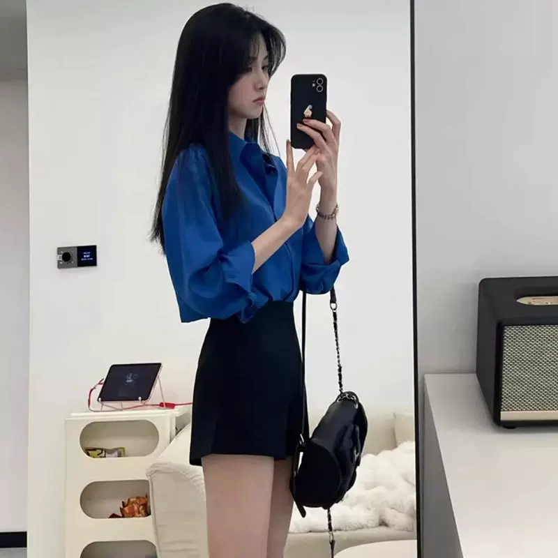 2025春装新款克莱因蓝色衬衫外套女夏季防晒衬衣法式气质宽松上衣