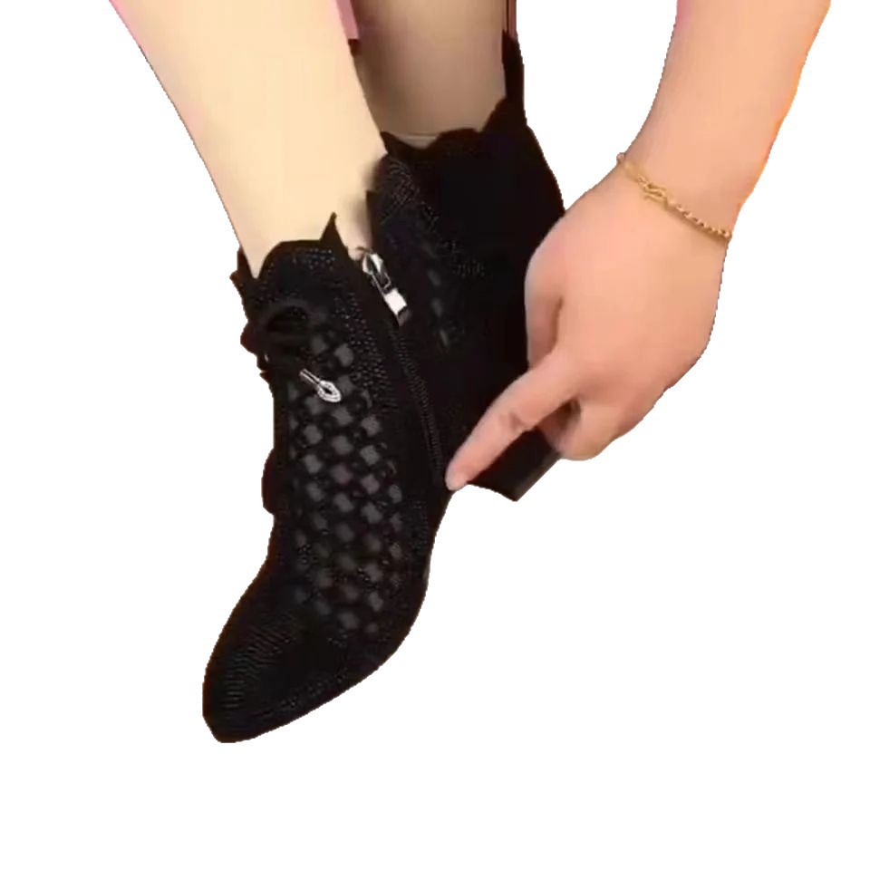 2026 botas cortas de cuero suave primavera y verano nuevas botas frescas de malla de tela de punta hueca de diamante de moda sandalias versátiles