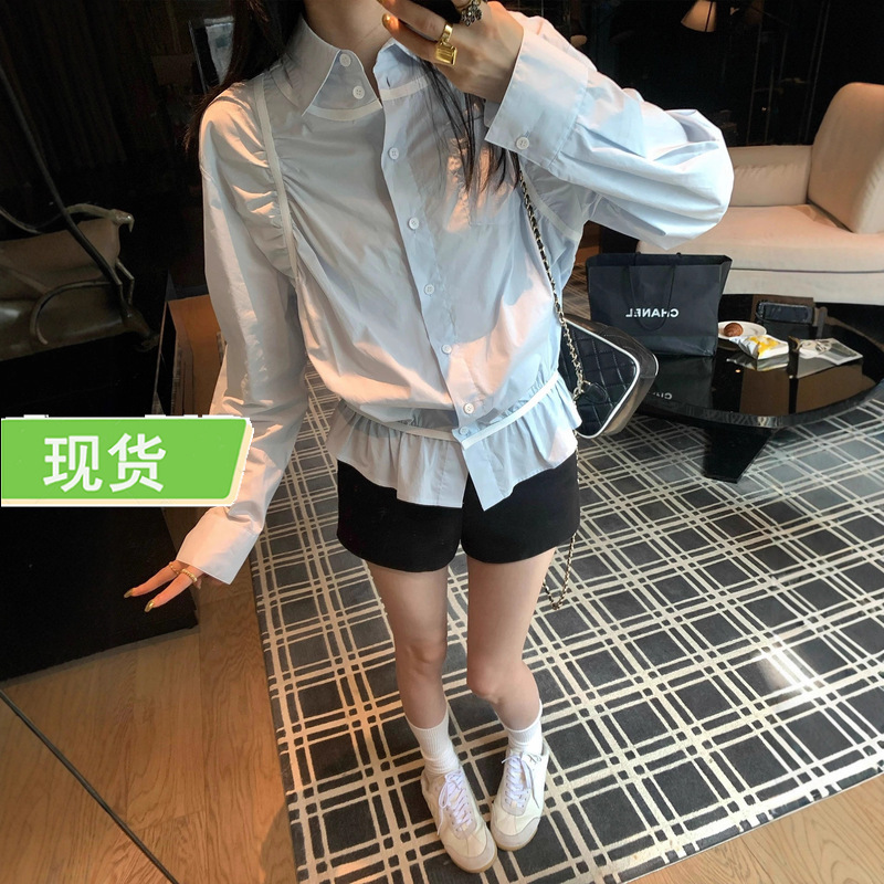 欧阳褶皱衬衫女秋季新款设计感小众拼接衬衣休闲宽松长袖上衣|undefined