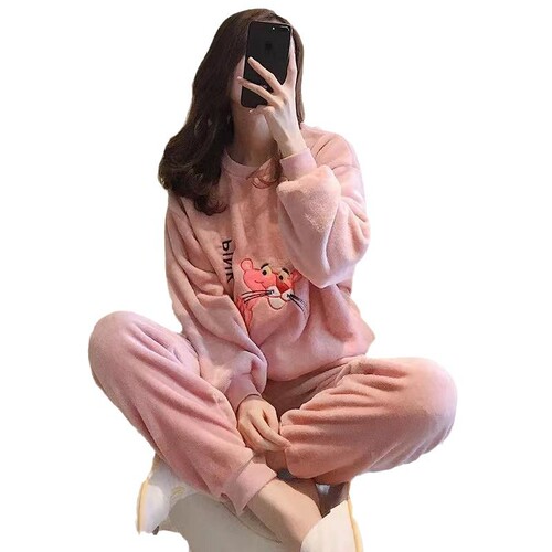 Pajamas for women in winter flannel Korean long-sleeved thickened velvet coral velvet cute autumn and winter home wear set for women