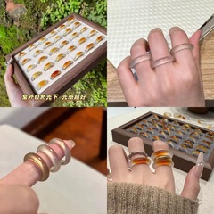 天然白月光瑪瑙白玉男性女性カップル用無地リング高氷質瑪瑙玉指輪アクセサリー