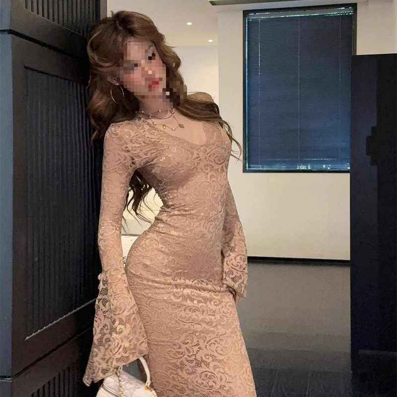 纯欲V领长袖连衣裙女秋冬季新款收腰显瘦蕾丝花纹辣妹包臀长裙子|undefined