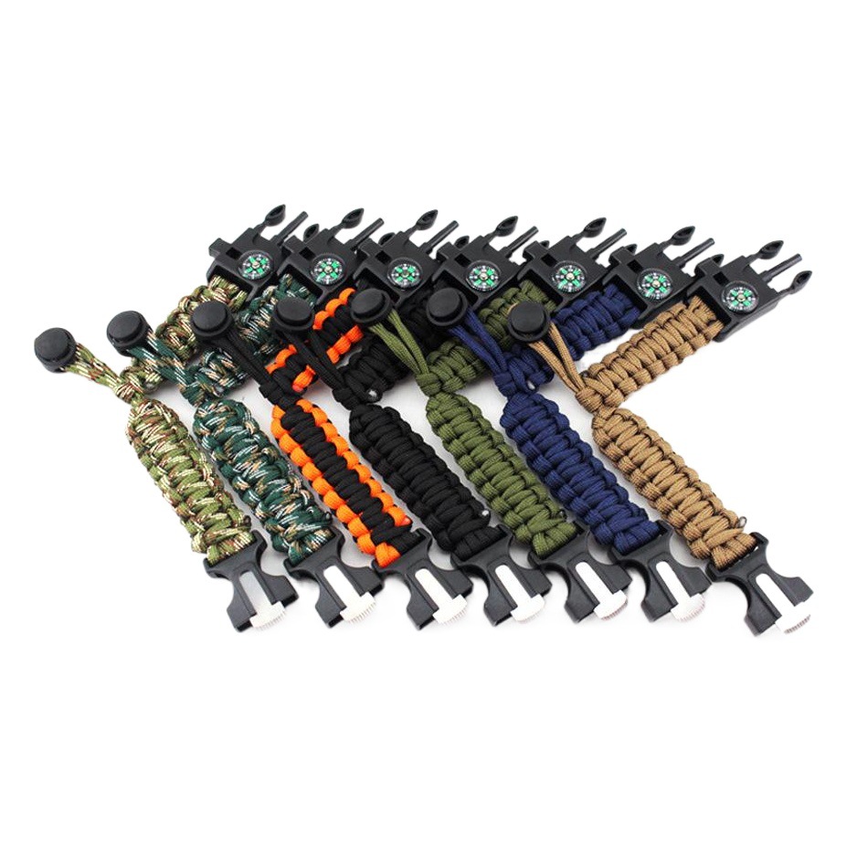 Supervivencia de emergencia al aire libre paraguas cuerda tejida pulsera de campo táctico silbato brújula Flint pulsera ajustable