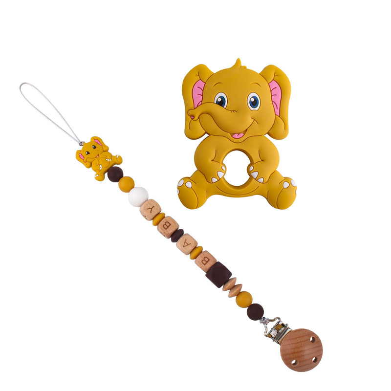 Bebé de dibujos animados elefante de silicona teether stick teether nuevo bebé nombre chupete cadena traje