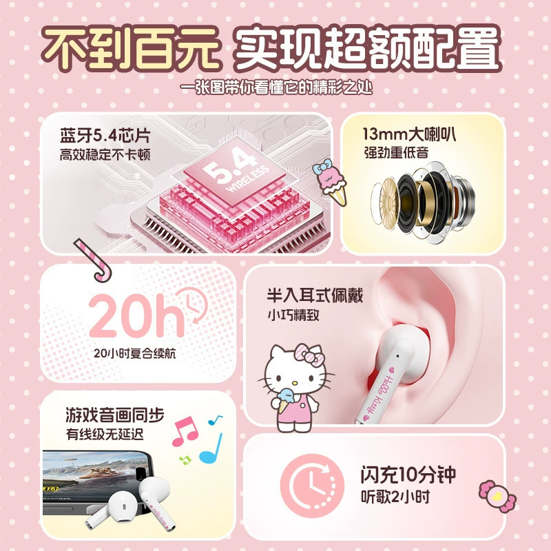 Оригинальные авторизованные Sanrio Kuromi беспроводные Bluetooth прозрачные наушники, новая модель для учениц, милая, высокая ценность