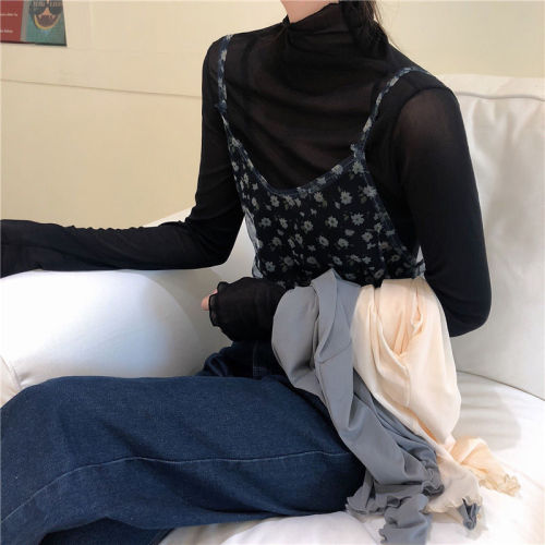 Women's Summer Thin Long Sleeve Lace Camisole Top with High Collar, Mesh Bodysuit, White with Mushroom Edge T-Shirt