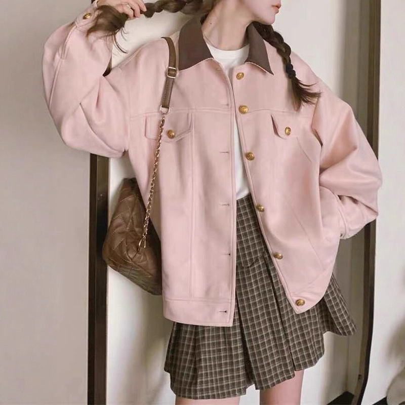 韩系粉色麂皮绒短外套女2025新款秋冬学院风翻领独特别致开衫夹克|undefined