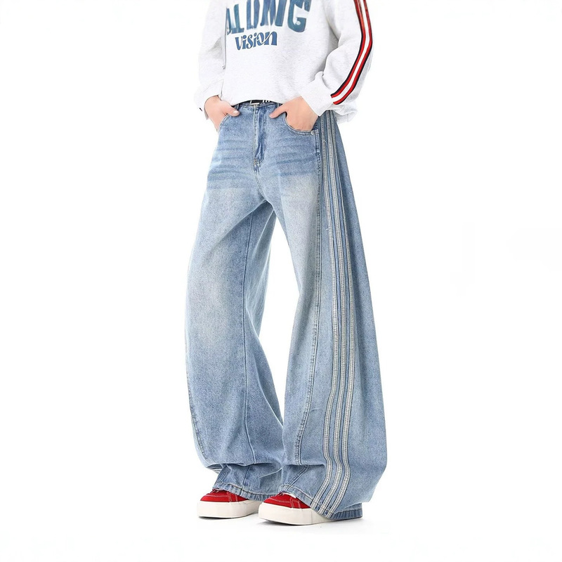American-style three-stripe jeans for men, new vintage clean-fit long pants with a high-street design, straight-leg men's trousers American-style three-stripe jeans for men, new vintage clean-fit long pants with a high-street design, straight-leg men's trousers