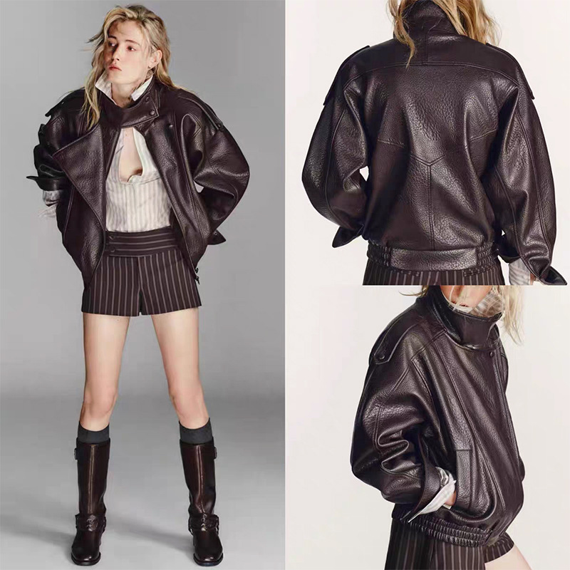 Z Cross-Border Aliexpress Hot-Selling Wholesale European and American Women's Clothing Retro Fashion Casual Long-Sleeve Stand-Collar Leather Jacket Coat Z Cross-Border Aliexpress Hot-Selling Wholesale European and American Women's Clothing Retro Fashion Casual Long-Sleeve Stand-Collar Leather Jacket Coat