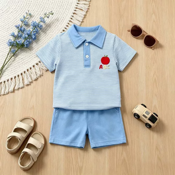 Boys' Striped Polo Set: Summer Apple Embroidery Short-Sleeve Top + Solid Color Shorts, Export Children's Set
