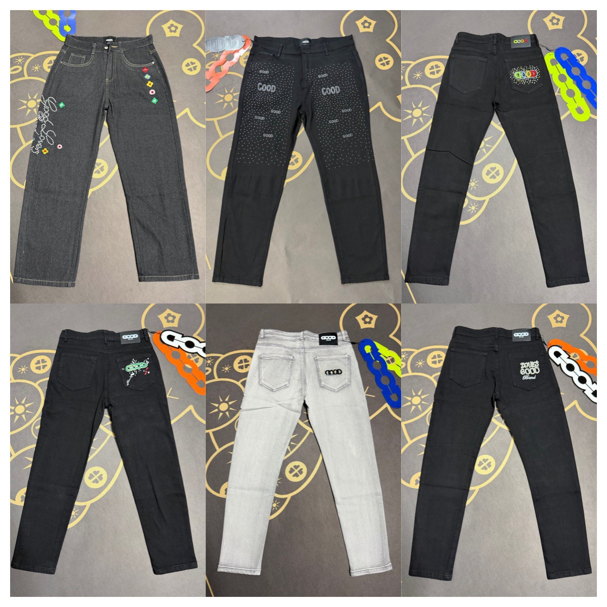 In-Stock 26-Piece Luxury Niche Fashion Brand Good [with Nfc] Floral Embroidery Rhinestone Pearl Washed Denim Pants