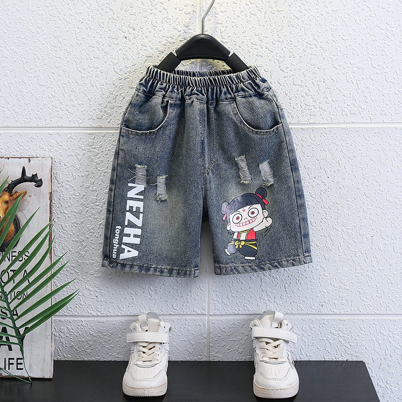 7233 Summer Nezha Clothing Traje de camiseta delgada para niños Jeans para niños Pantalones cortos para bebés Traje de dos piezas de manga corta 3