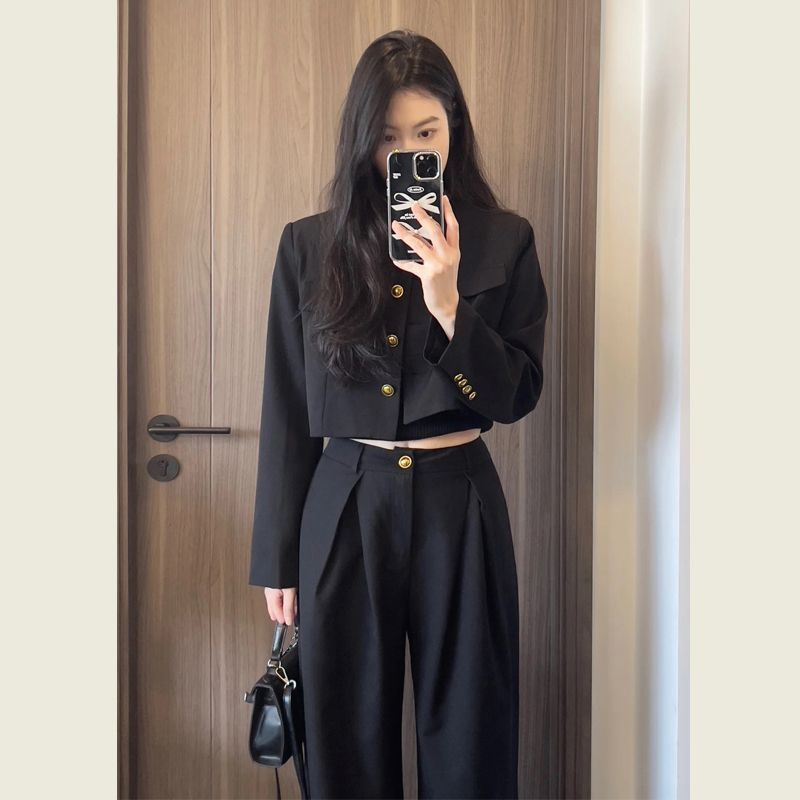 气质套装女2025春秋季新款时尚短款西装外套上衣高腰直筒裤两件套|undefined