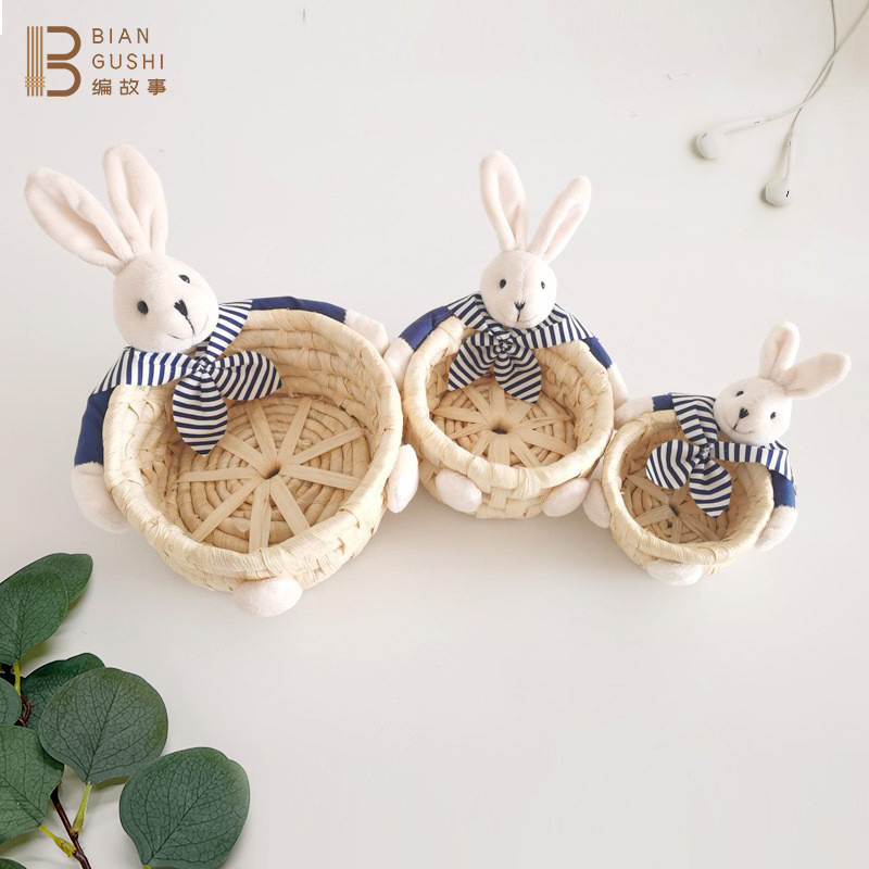 Cross-Border Hot-Selling Straw Woven Storage Basket Home Furnishings Storage Basket Navy Bear and Rabbit Resurrection Holiday Egg Basket