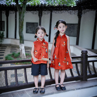 Yirun Girls Summer New Cheongsam Dress Little Girl Classical Dress New Chinese Style Red Improved Han Dynasty National Dynasty