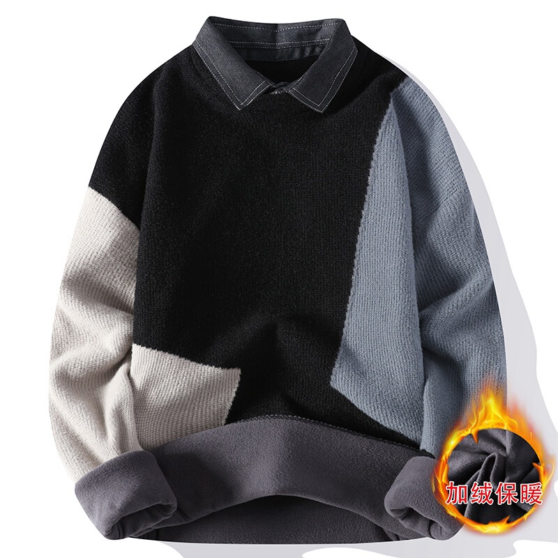 Denim Fake Two Piece Sweater Men's Velvet Thickened Lapel Casual Bottoming Sweater
