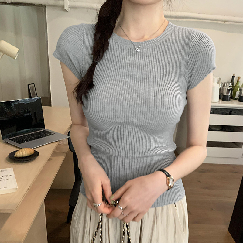Hot-Selling In-Stock Round-Neck Solid Color Slim-Fit Elastic Knit Short-Sleeve T-Shirt for Women, Spring/Summer 2026 New Style, Slimming Top