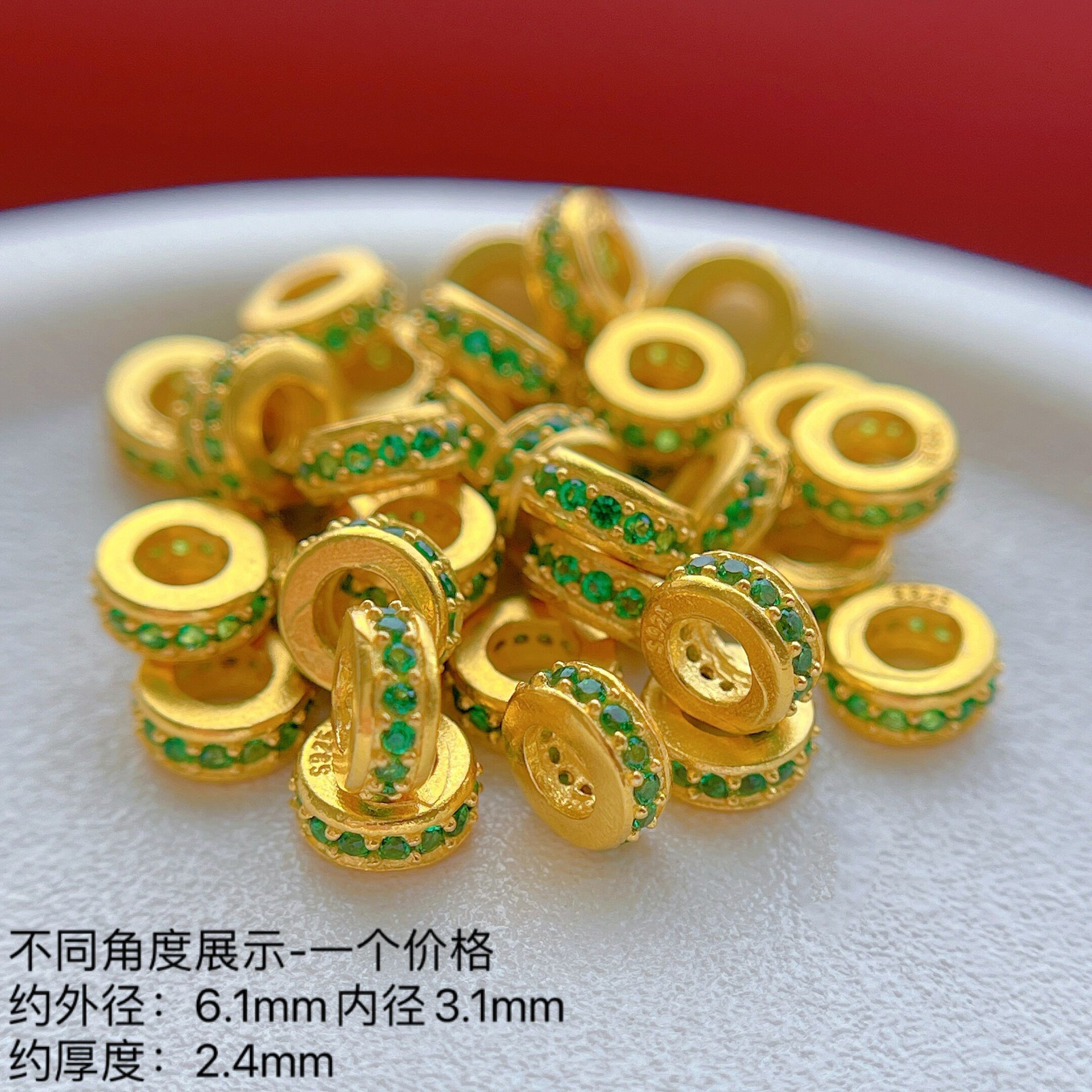 Ancient S925 Silver Gold-Plated Inlaid Red, Blue and White Rhinestone Spacer Spacer Large Hole DIY Bracelet Rope Accessories