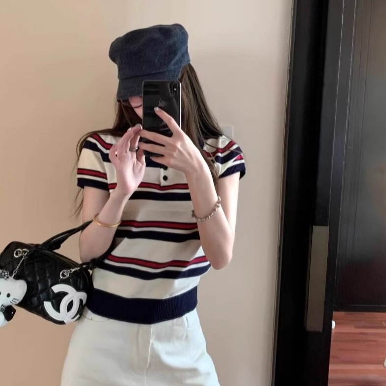 Core-Spun Yarn Korean-Style College Retro Color-Block Striped Short-Sleeve T-Shirt for Women, Summer Petite Regular Shoulder Knit Top