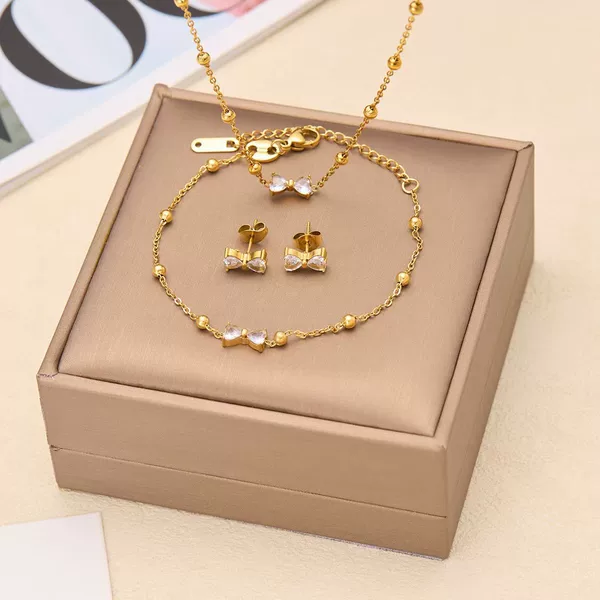 French-Style Light Luxury Bowknot Zircon Titanium Steel Necklace for Women, Fashionable Versatile Clavicle Chain, Elegant Simple Set, Non-Fading