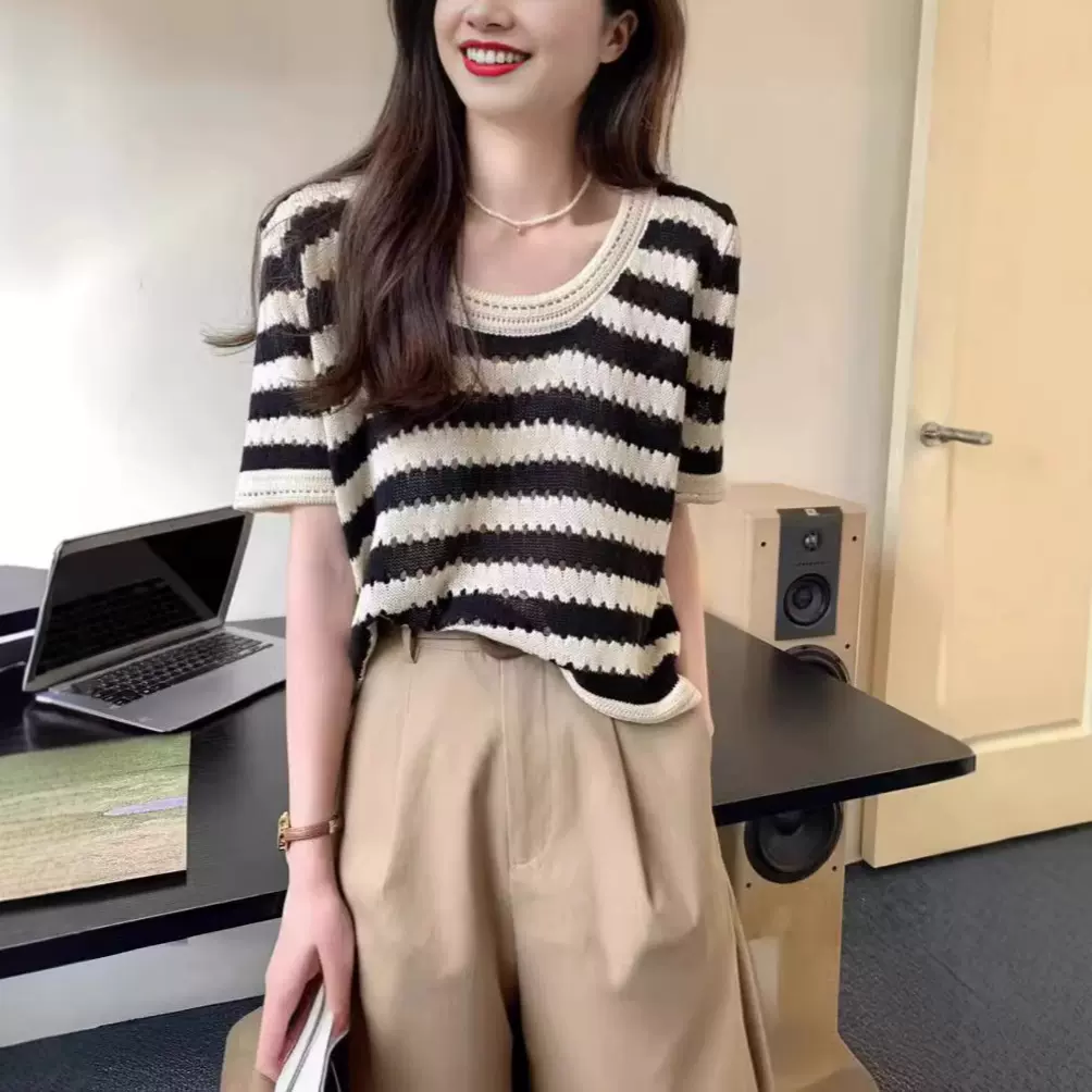 针织衫夏季条纹镂空冰丝女士恤短袖复古辣妹宽松显瘦短款上衣女装