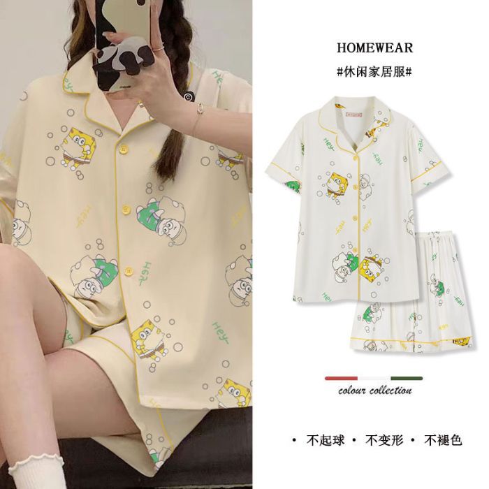Transfronterizo 180g pijamas de algodón de imitación para mujer rebeca de verano traje de pantalones cortos de manga corta traje de ropa para el hogar de dibujos animados lindo de algodón