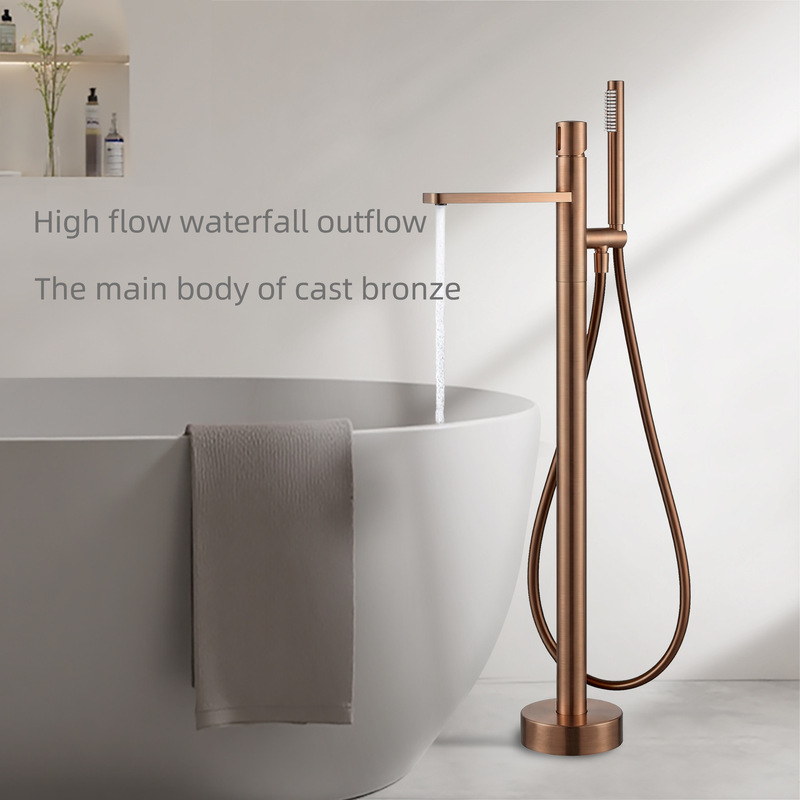 Cross-Border Brushed Rose Gold Floor-Standing Bathtub Faucet with Large Flow Showerhead and Column Faucet