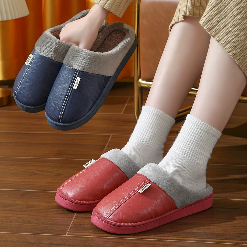 Новые зимние теплые хлопковые тапочки с подкладкой из искусственной кожи на флисовой подкладке, женские домашние мужские тапочки на полу оптом