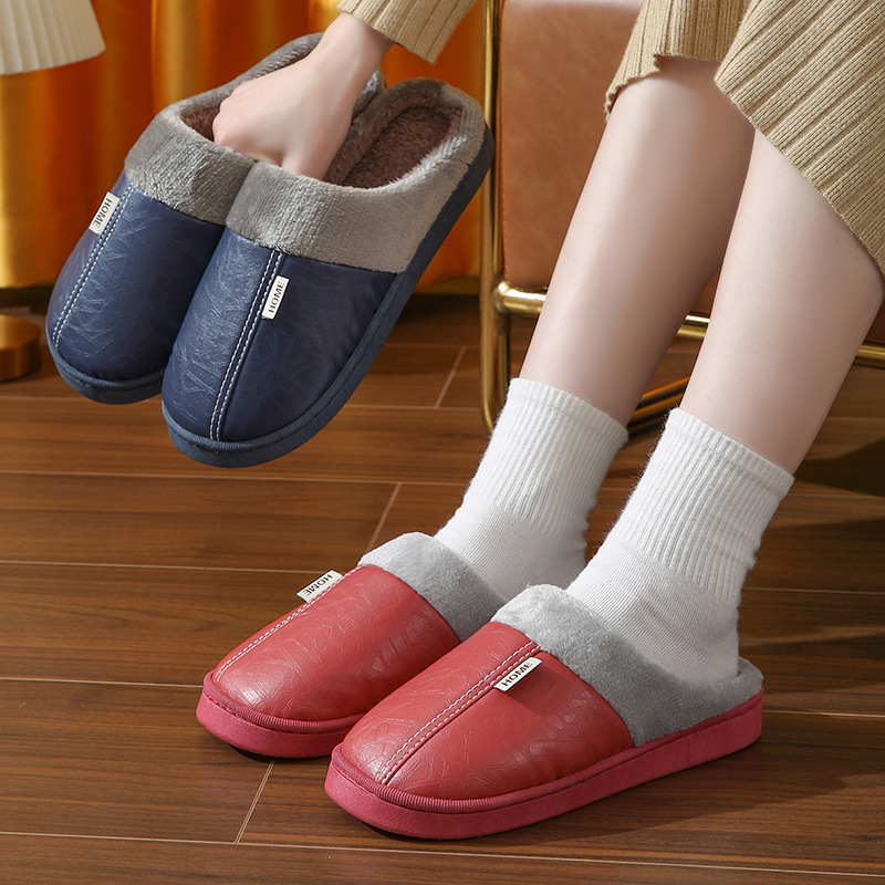 New winter fleece-lined pu fur mouth warm cotton slippers women's indoor home men's floor slippers wholesale