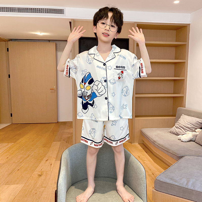 Pijamas infantiles verano 2026 nuevo niño hielo delgado de manga corta juveniles niños grandes set de ropa para el hogar