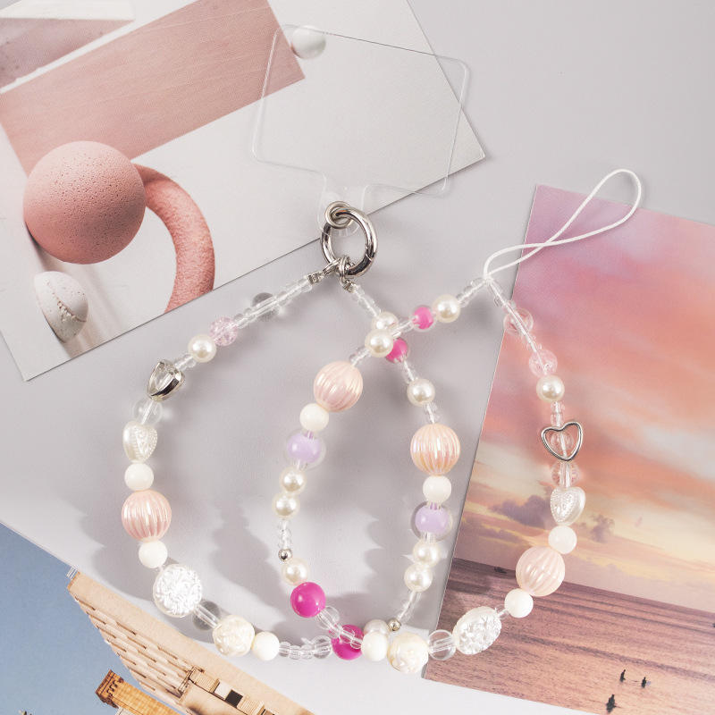 Tiktok Style Hanging Chain Cute Cartoon Phone Chain Handmade Beaded Short Anti-Lost Chain Heart Wrist Strap Phone Lanyard