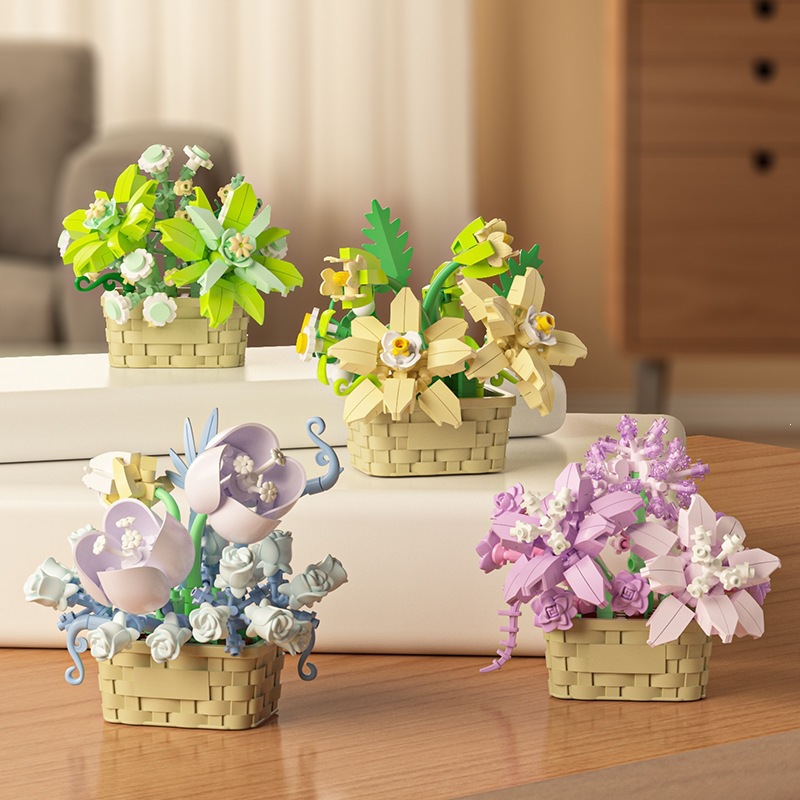 Bloques de construcción inmortales transfronterizos cestas de flores en maceta ornamentos DIY hechos a mano el 1 de junio juguetes de ensamblaje para chicas regalos