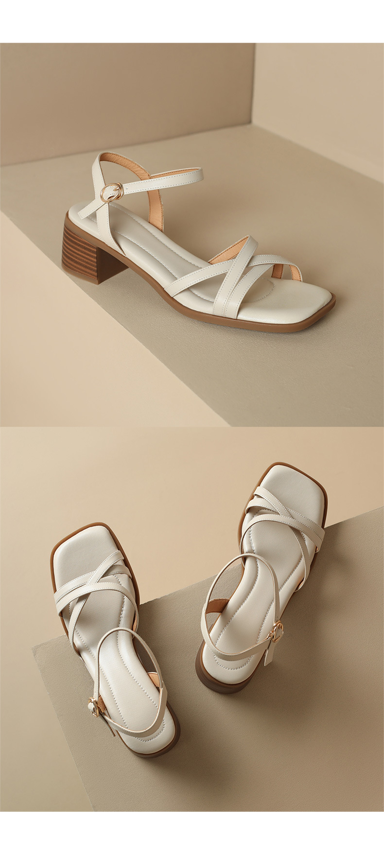 Sandal quai ngang gót vuông hở mũi da bò lớp đầu phong cách La Mã — Màu nâu chi tiết 18