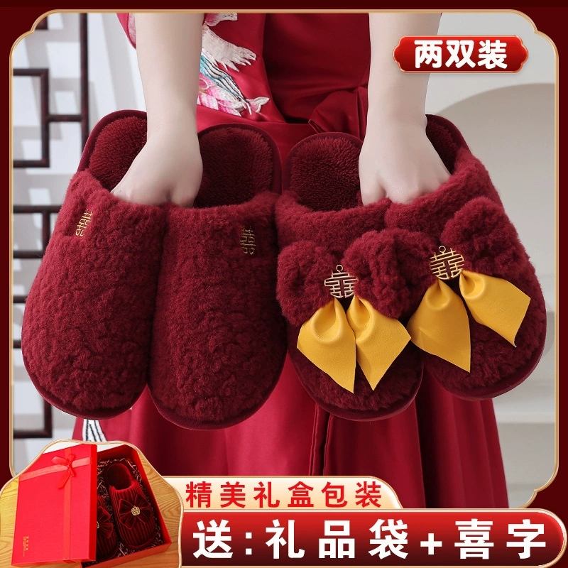 Новинка 2022, меховые тапочки, свадебные праздничные красные пары, зимние новорожденные пары, жених, невесты, приданые, легкие, роскошные