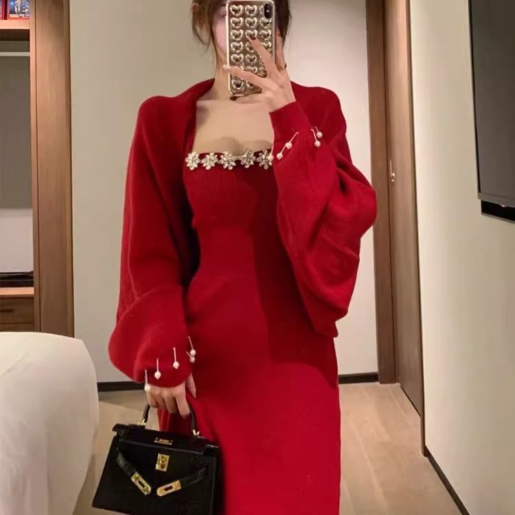 御姐搭配一整套女秋冬季气质名媛小香风红色针织开衫连衣裙两件套|undefined