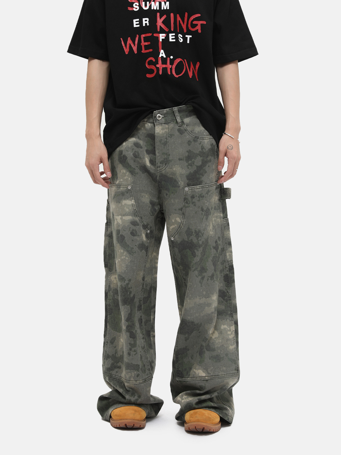 MTLCLOTHES Ropa de hombre | Camuflaje desgastado, costura descolorida, herramientas deconstruidas, jeans rectos de pierna ancha, moda casual