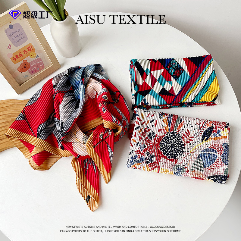 Bufanda de seda de sarga Retro para mujer, bufanda plisada de comercio exterior, bufanda estampada colorida, chal decorativo profesional de moda al por mayor