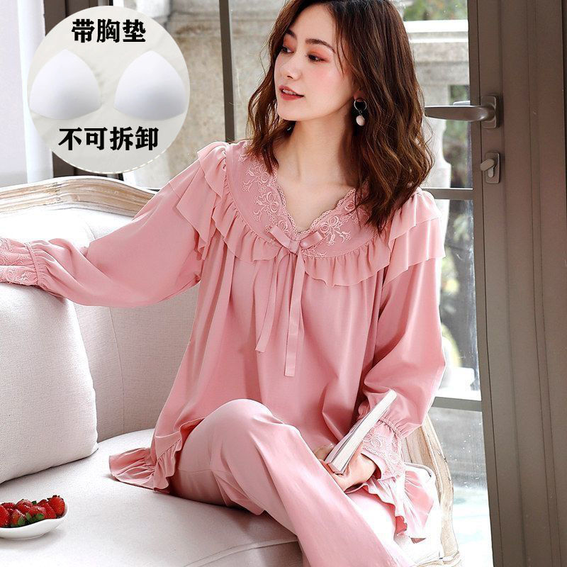 Modal Pajamas with Breast Pads for Women, Long-Sleeved Spring and Autum Rayon, Can Be Worn Outside, Summer Home Clothes, Winter Wear-Free Bra