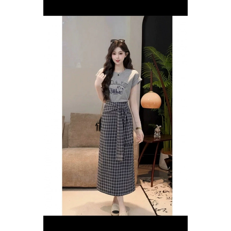 2025 новая летняя юбка из неправильного ремешка в клетку с вышивкой футболка из двух частей